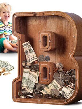Wooden Letter “B” Piggy Bank 12” Kids Coin Bank Clear Front Savings Box NEW